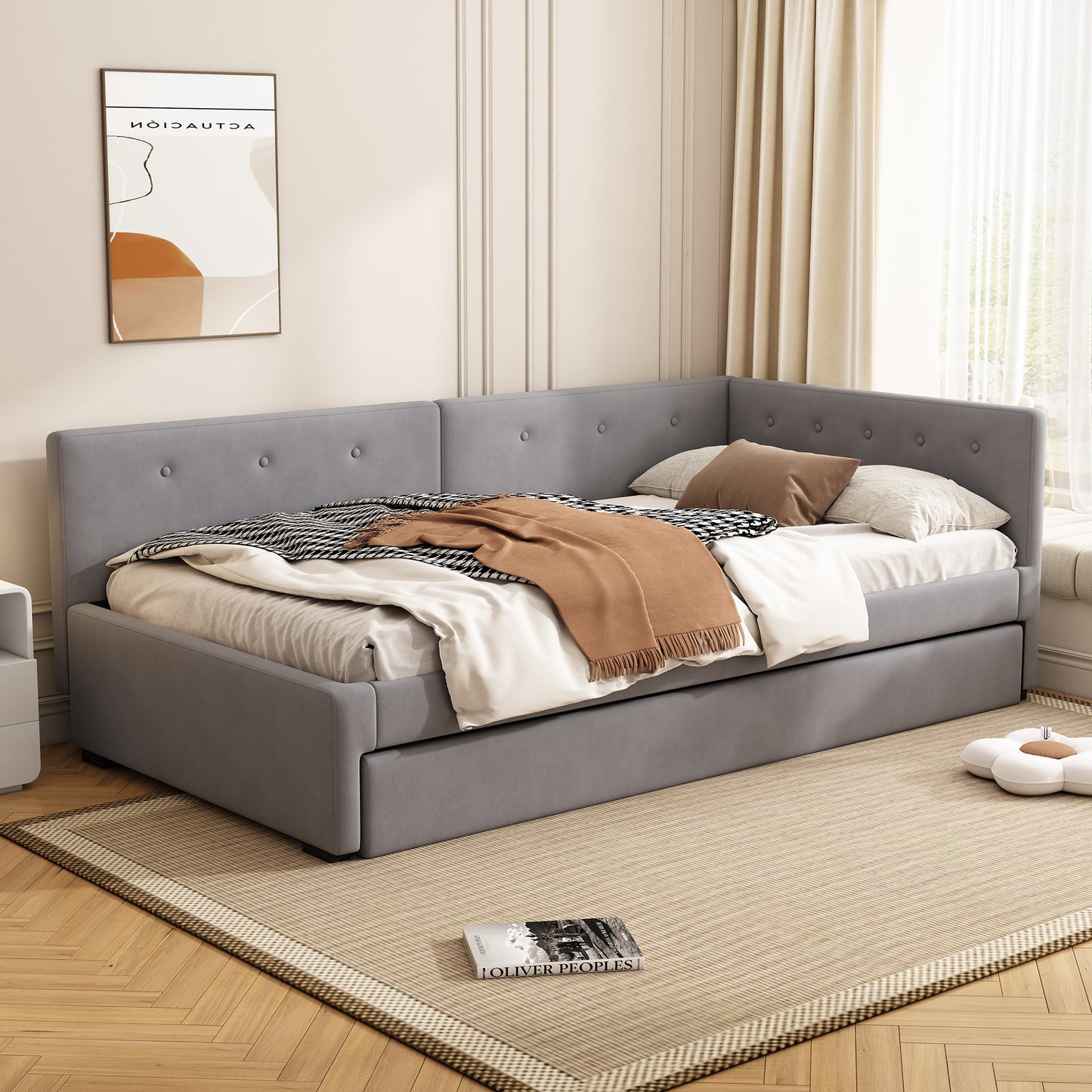 Daybed 90x200cm, Daybed With Rollaway Bed, Sofa Bed, Single Bed  Without Mattress , Minimalist Styling, Grey