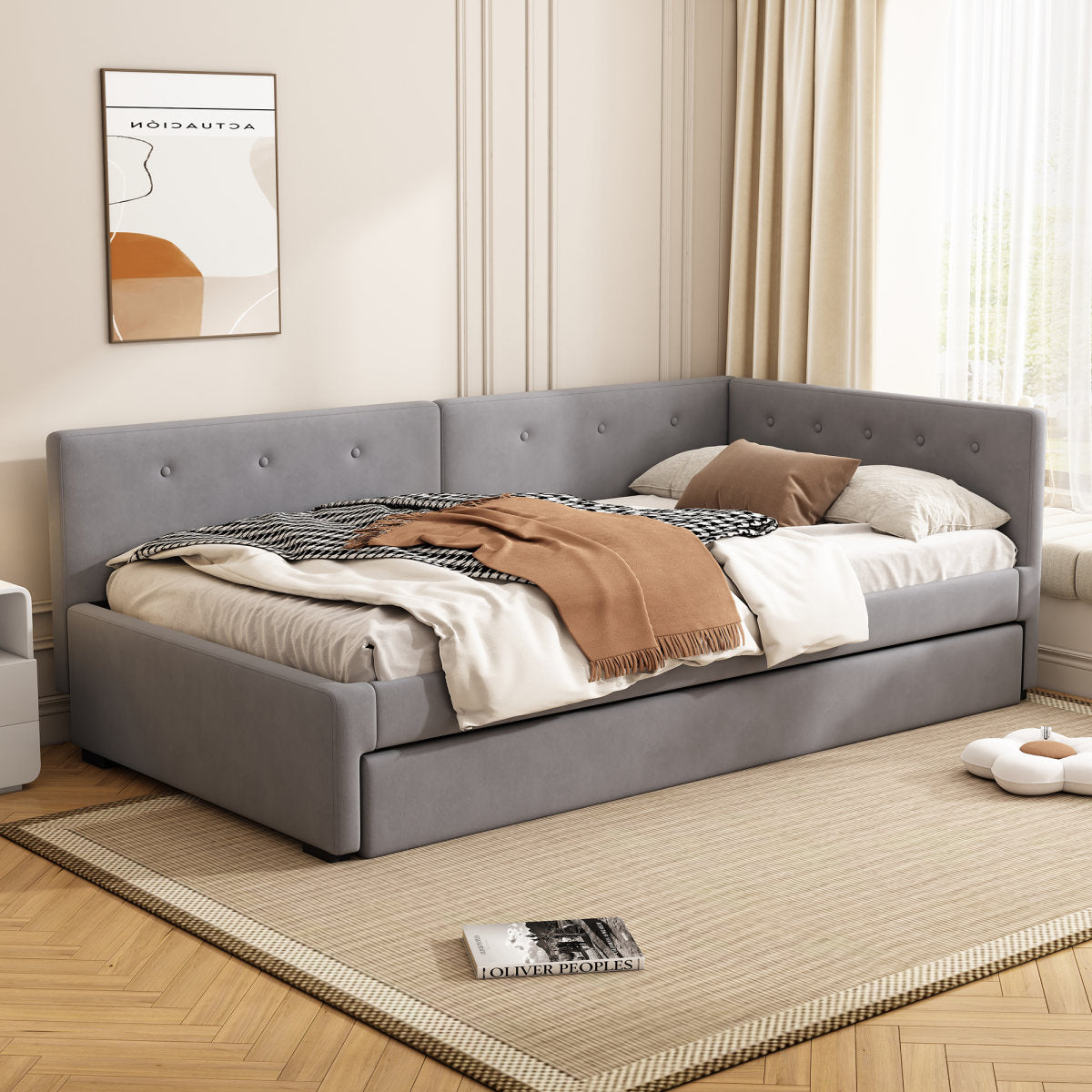 Daybed 90x200cm, Daybed With Rollaway Bed, Sofa Bed, Single Bed  Without Mattress , Minimalist Styling, Grey