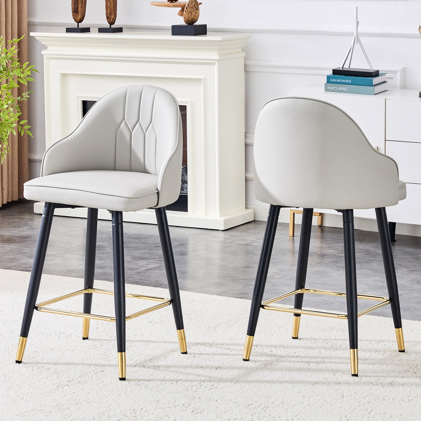 Set Of 2  Light Gray PU Leather Bar Stools 37.7 High, 25 Seat Height, Gold Accent Footrest, Ideal For Kitchen Island, Home Bar & Dining Area, Available In Black, White & Dark Gray Splicing Colors.
