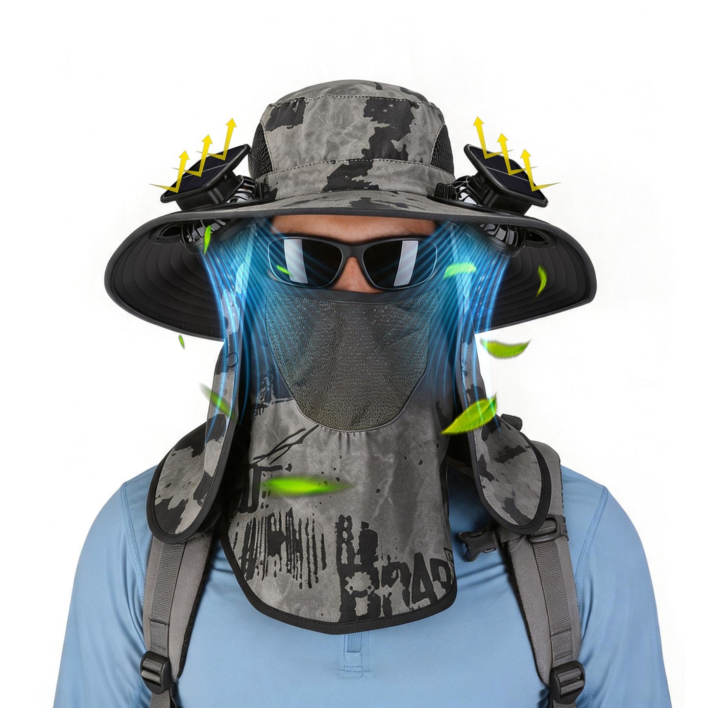 1Pc 2 In 1 Solar Fan Hat UPF50 Sun Hat With Fans Wide Brim Fishing Hat With Face Cover Neck Flap Solar USB Charging For Hiking Gardening Outdoor Work