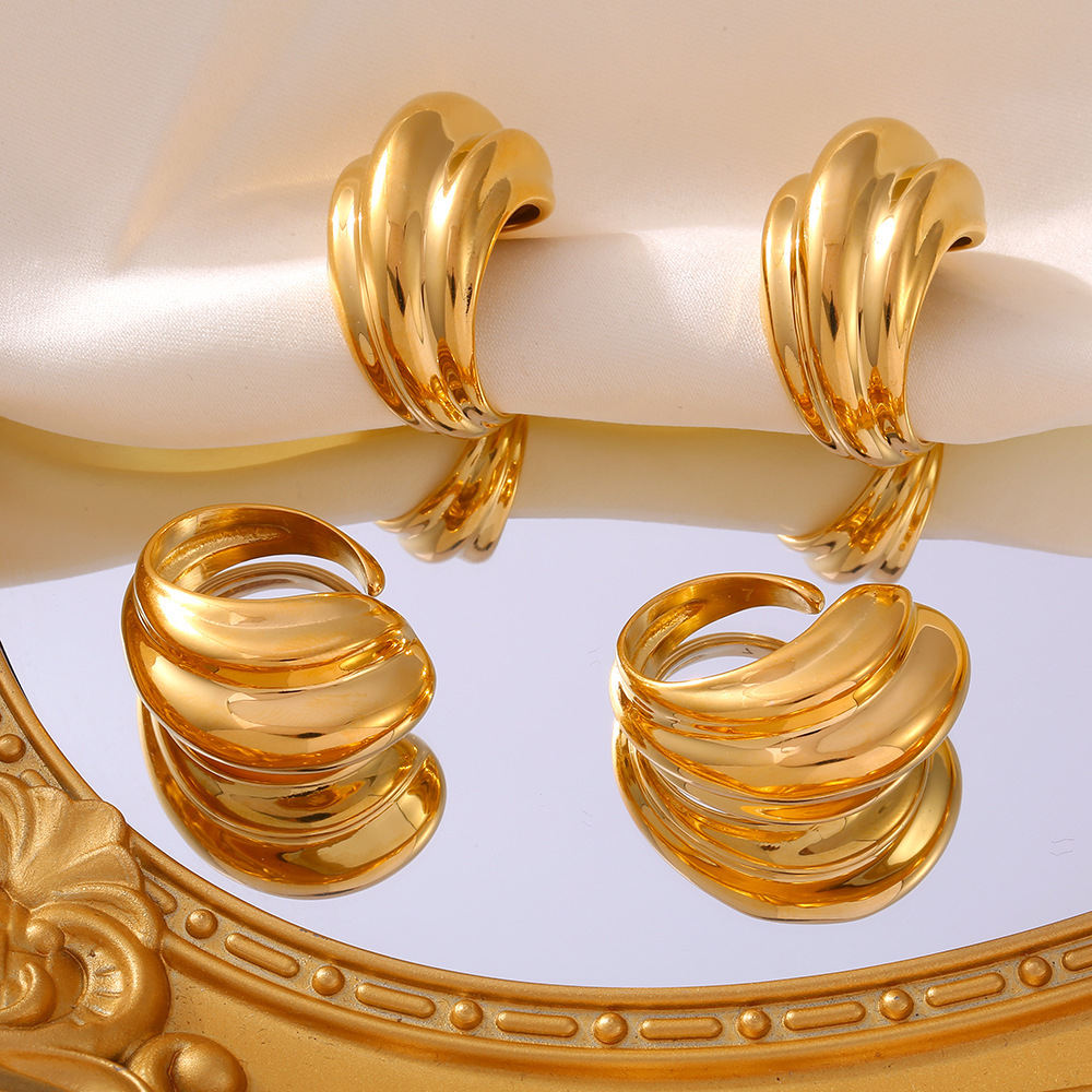 Multi-layer Striped Water Drop Opening Ring Titanium Steel Plated 18K Gold Accessories