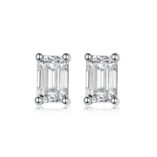 S925 Sterling Silver Emerald Cut Moissanite Stud Earrings, 0.8&1ct D-VVS1, Platinum Plated 1g Women's Jewelry Gift Box