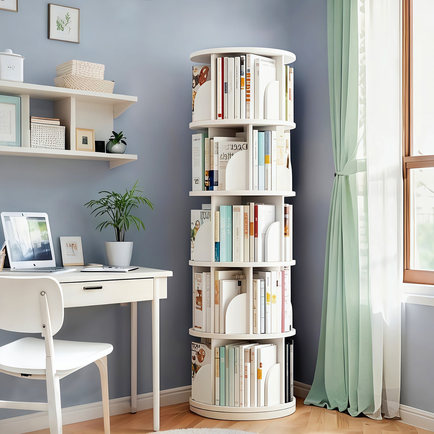 5 Tier Rotating Bookshelf,   Display Round Spinning Bookshelf, Space-Saving, Small Space Rotating Bookshelf Tower For Bedroom, Living Room, Home, Office, Warm White