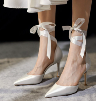 Women White Pointed Toe Stiletto Heels, French Style Ribbon Wrap Bridesmaid Wedding Shoes, European & American Fashion Pumps