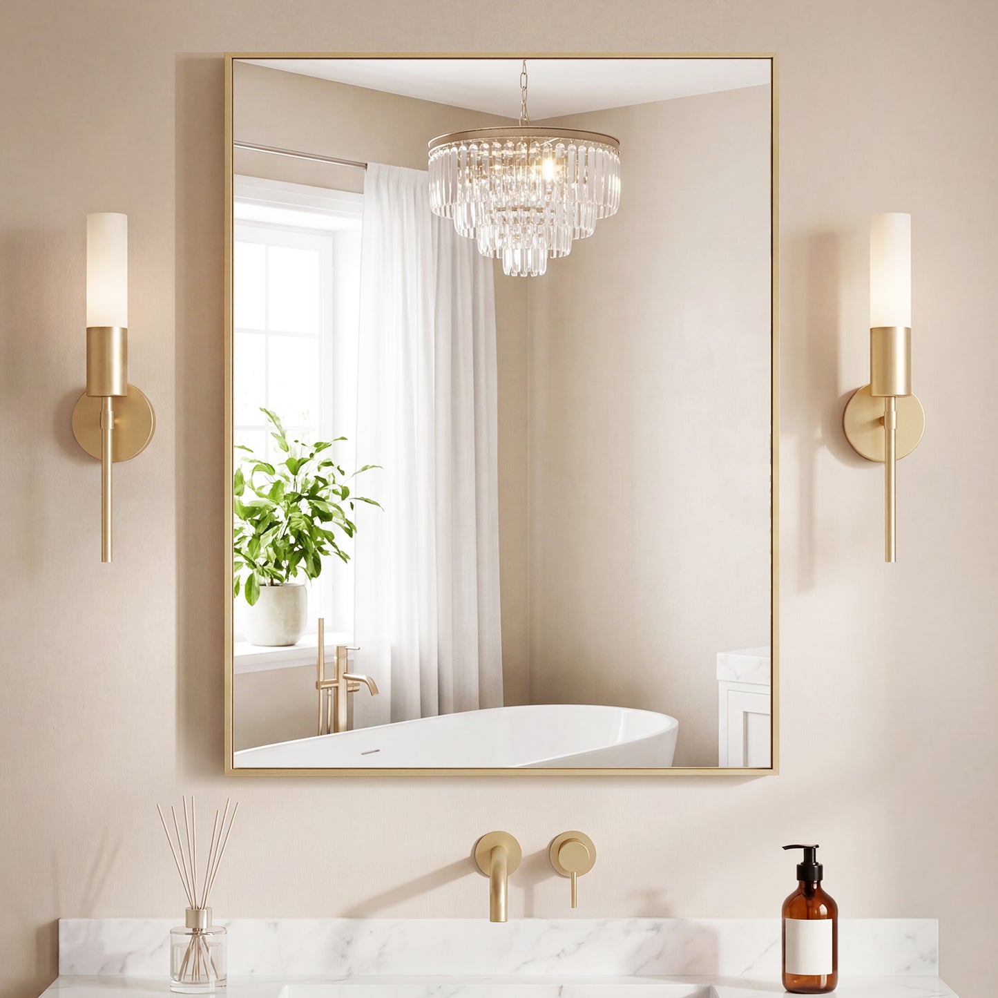 Bathroom Mirror, With Brushed Aluminum Frame, Rectangular Design, Square Corners At All Four Sides, Suitable For Wall Decoration In Home.