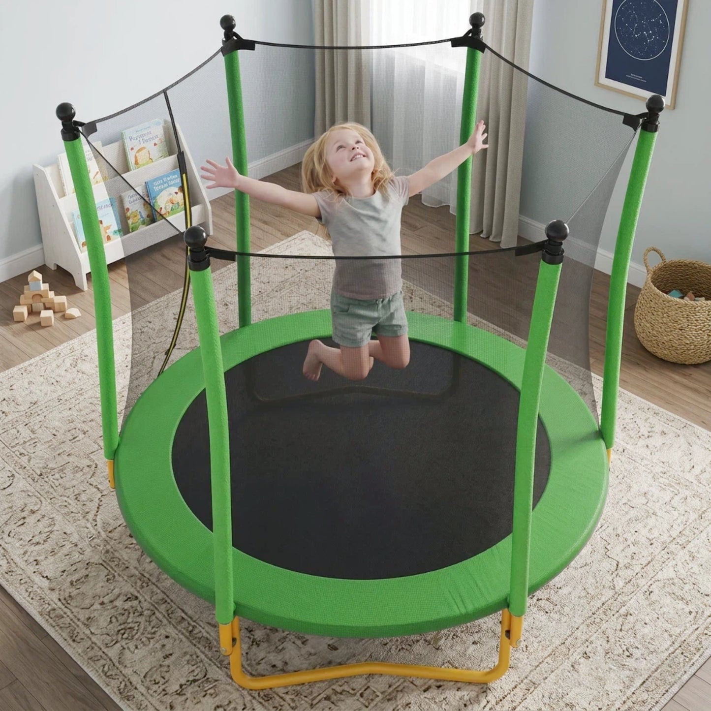 5.5 FT Kids Trampoline With Safety Net, Indoor Outdoor Toddler Trampoline With Enclosure, U-Shaped Stable Legs, Foam Padded Poles, Mini Trampoline For Kids,Green