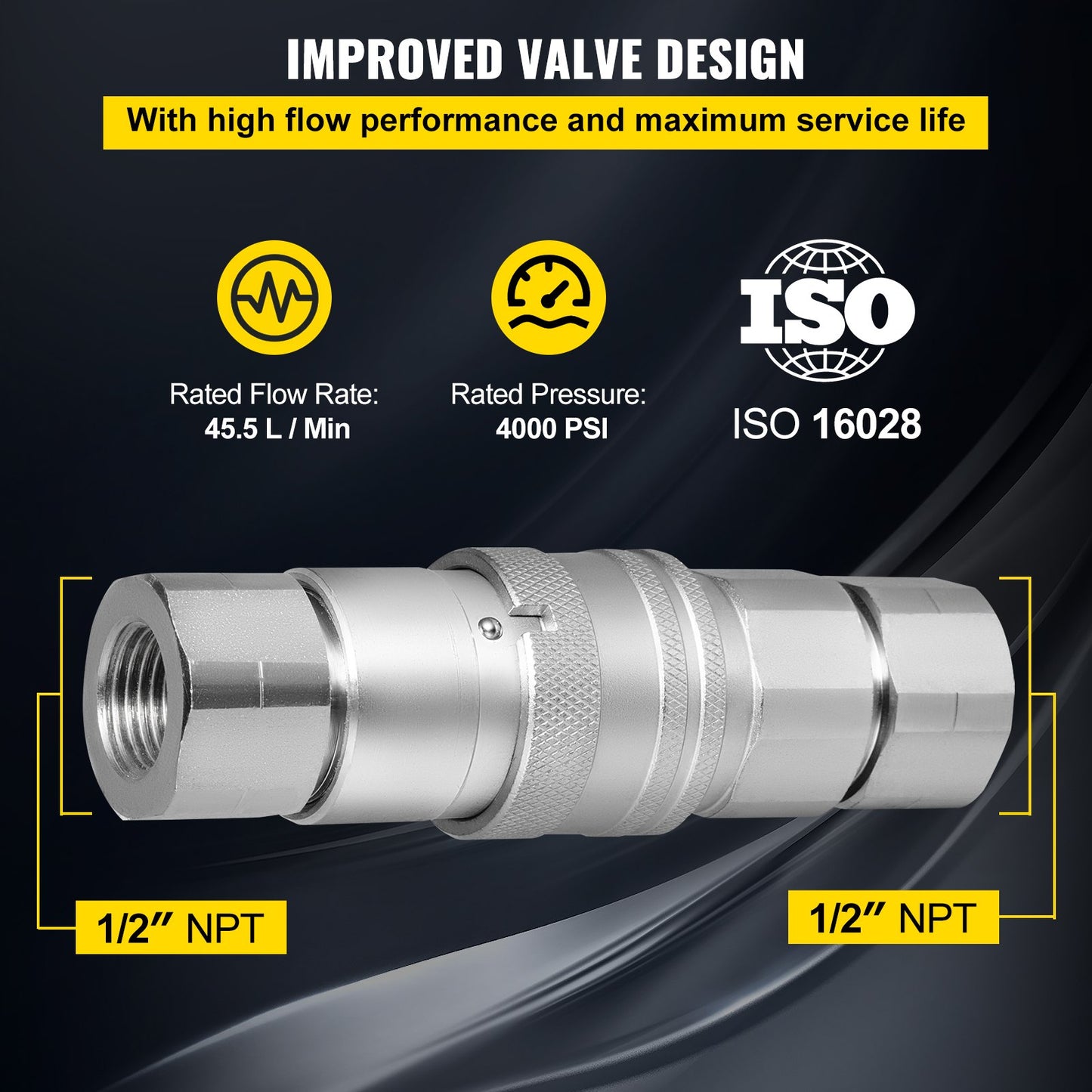 Skid Steer Hydraulic Quick Connect 1/2\" Body Hydraulic Coupler 1/2\" NPT Hydraulic Coupling Quick Connect 2 Pairs Hydraulic Quick Coupler 27.6 MPa (ISO 16028) (12 Pairs)