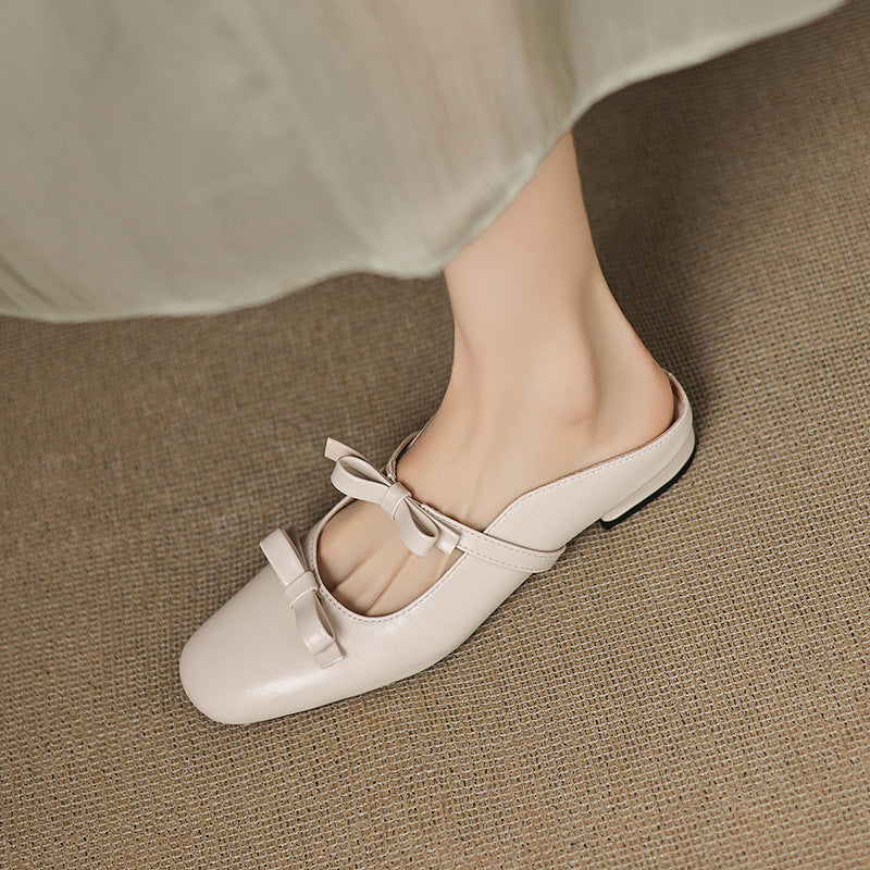 Flat-soled Bow-tied Large-size Square-toe Closed-toe Outdoor Shoes