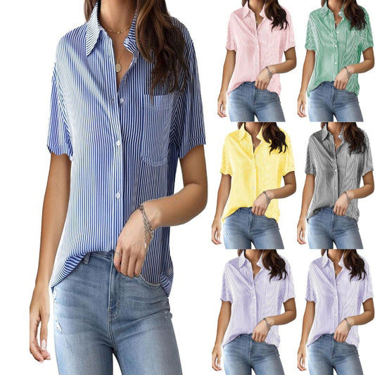 Women's Striped Print Turn Down Collar Short Sleeve Button Front Pocket Decor Casual Blouse