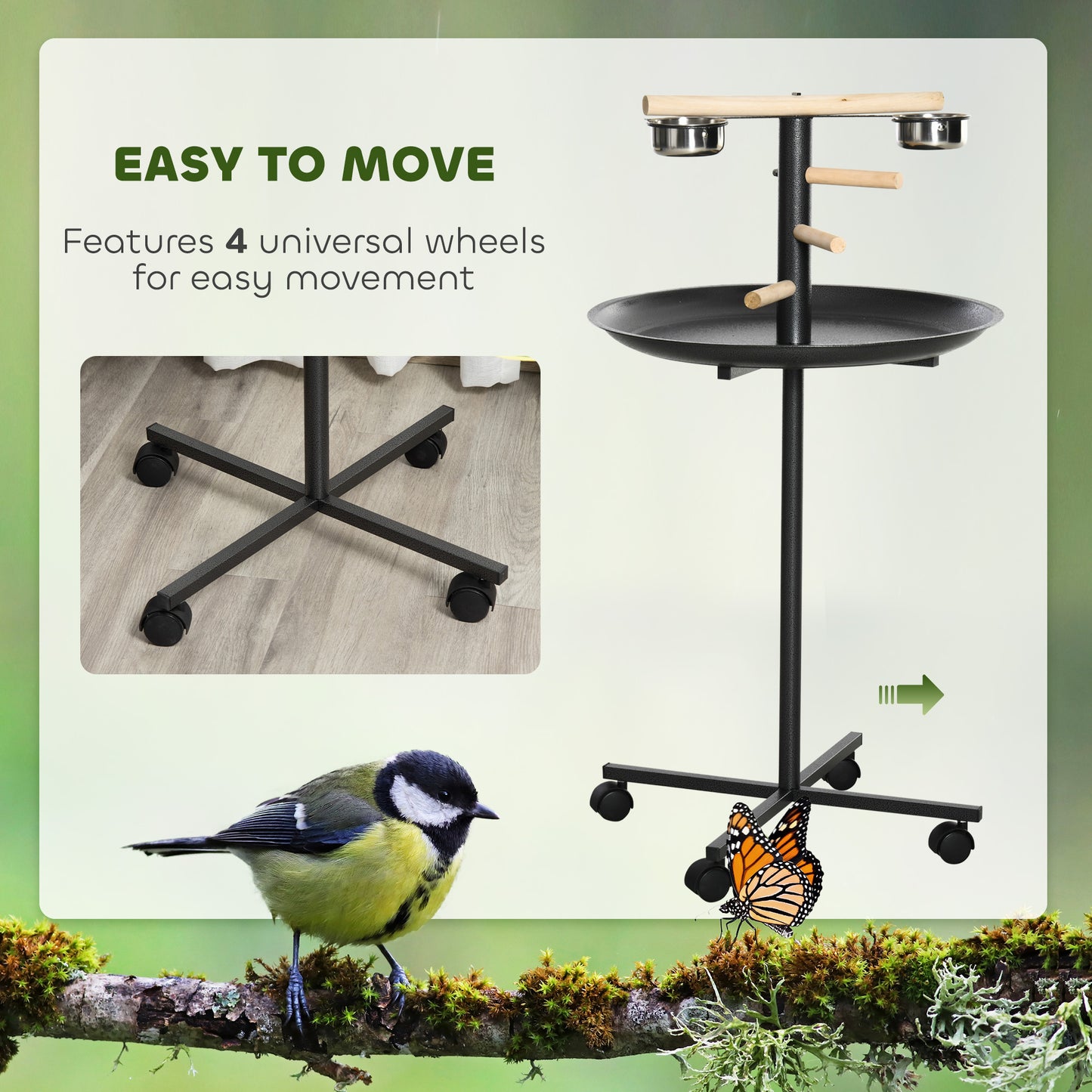 Portable Bird Play Stand, Parrot Perch Bird Feeder Station with Wheels, Stainless Steel Feeding Bowls, Tray, Gray