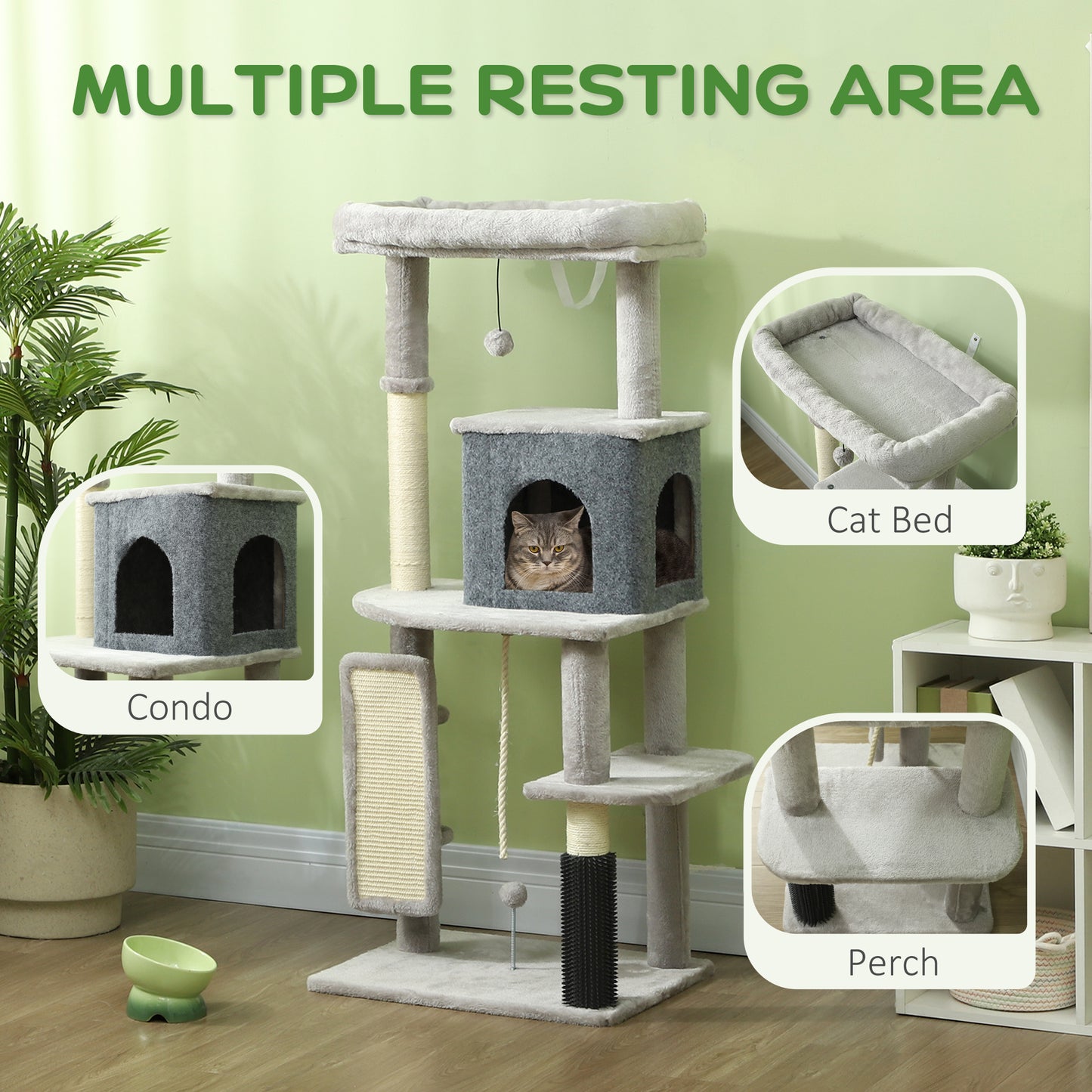 PawHut 132cm Cat Tree W/ Scratching Posts, Pad, Cat Bed, Cat House, Jumping Platform, Grooming Brush, Anti-Tip Kit, Light Grey