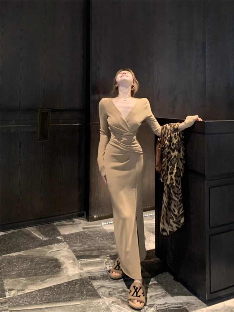 Womens Stylish Slit Body-hugging Long-sleeve Dress