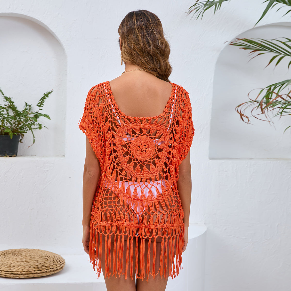 New Hand Crochet Hollow Out Bikini Cover Up, Tassel Sexy Beach Dress, European American Cross-Border Women's Vacation Kimono