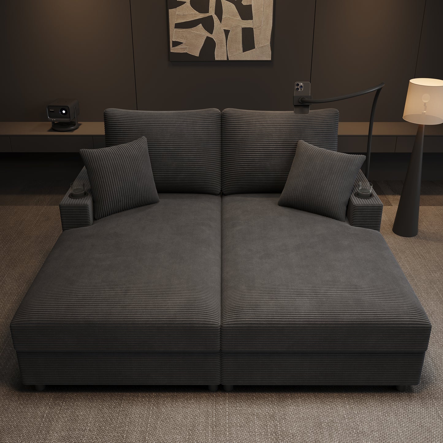 Double Sofa Bed With Sleeping Function, Padded Lying Surface, Mobile Phone Holder, USB Port And Cup Holder. Suitable For Living Room, Bedroom Or Home Theater. Gray.