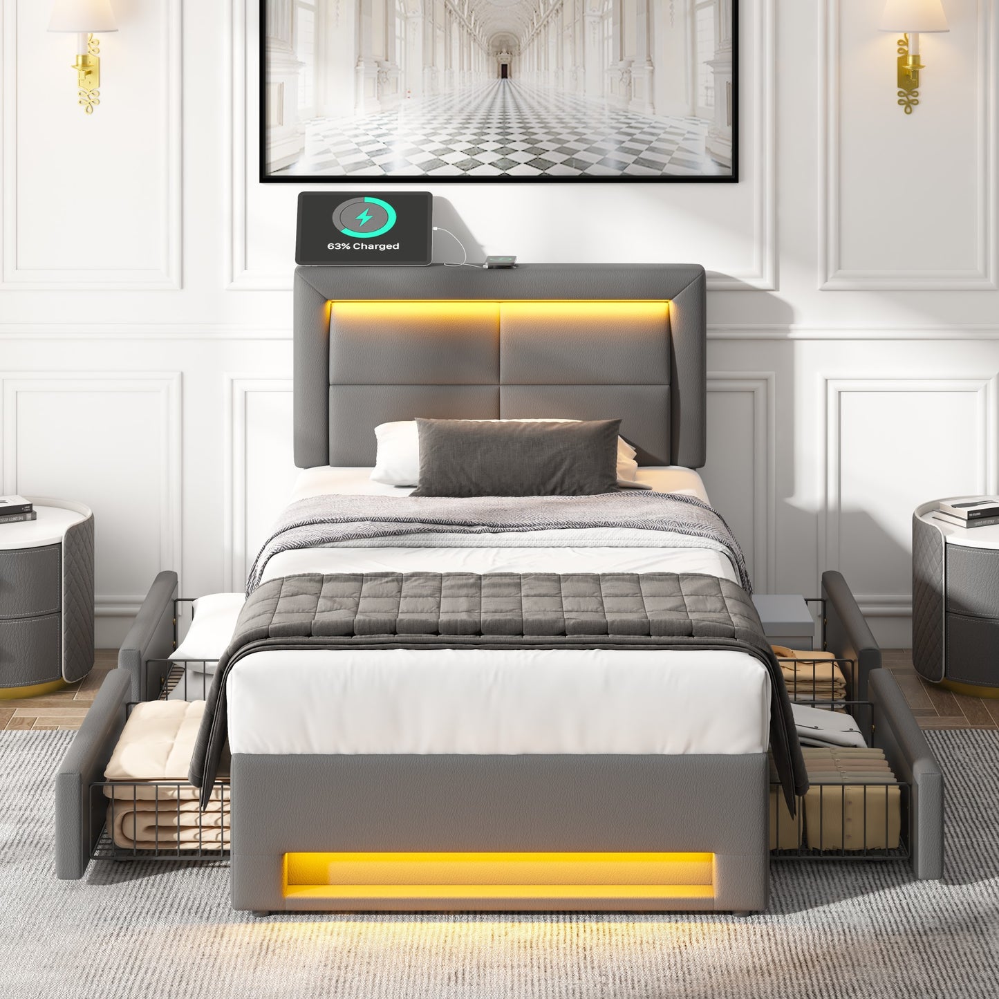Upholstered Bed 90x200 Cm, With USB Port  Supports Wireless And Wired Charging , With LED Lighting And Four Drawers, Without Mattress, PU Lychee Pattern, Grey