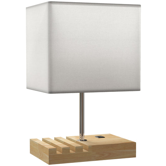 Bedside Lamp With USB A+C Charging Ports And 3 Phone Stands, Modern Table Lamp With Solid Wood Base And Fabric Shade For Bedroom Living Room Office, E27 Socket, Bulb Not Included, White