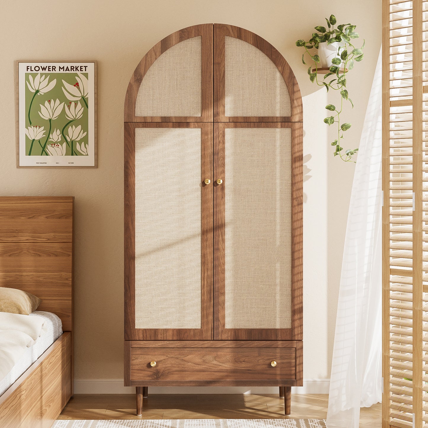 Elegant Wardrobe With Fabric Doors  Drawer, Clothes Cabinet  Walnut Look, Sturdy Wooden Legs, Practical Storage For Clothing & Accessories  Ideal For Bedroom, Guest Room Or Dressing Room