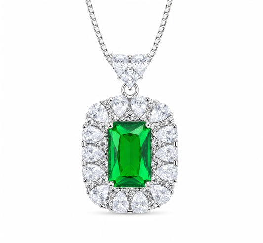 Emerald Cut Green CZ Halo Pendant Necklace For Women, Copper Plated Silver Pear Shape White Cubic Zirconia Vintage Royal Bridal Wedding Statement Jewelry Gift