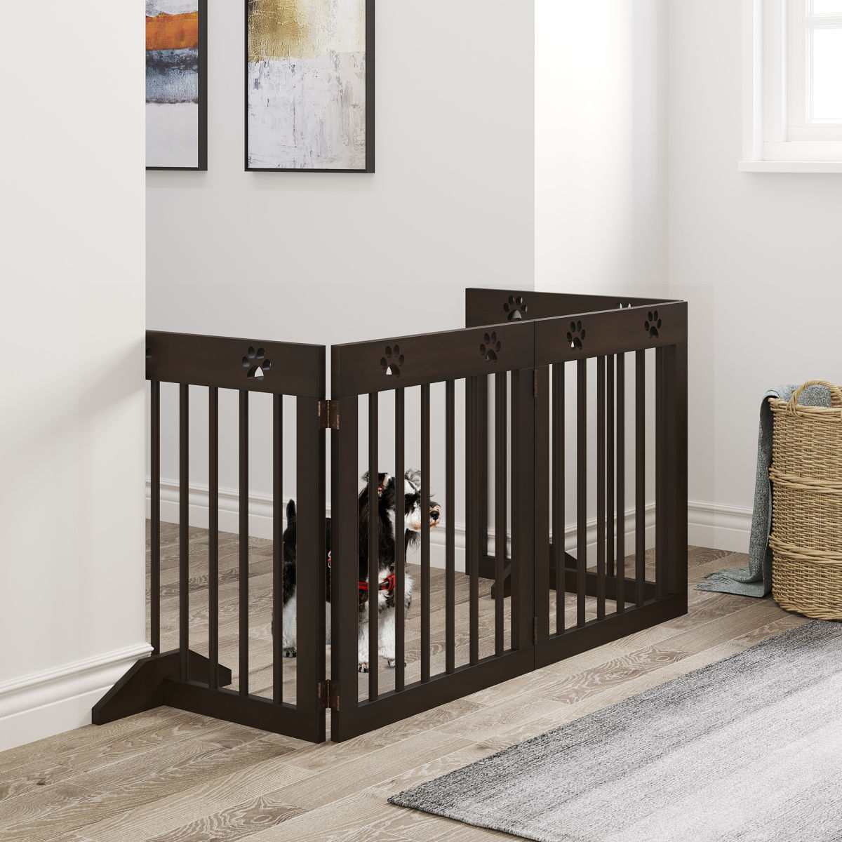 PawHut Freestanding Pet Gate 4 Panel Wooden Dog Barrier Folding Safety Fence With Support Feet Up To 204cm Long 61cm Tall For Doorway Stairs Brown