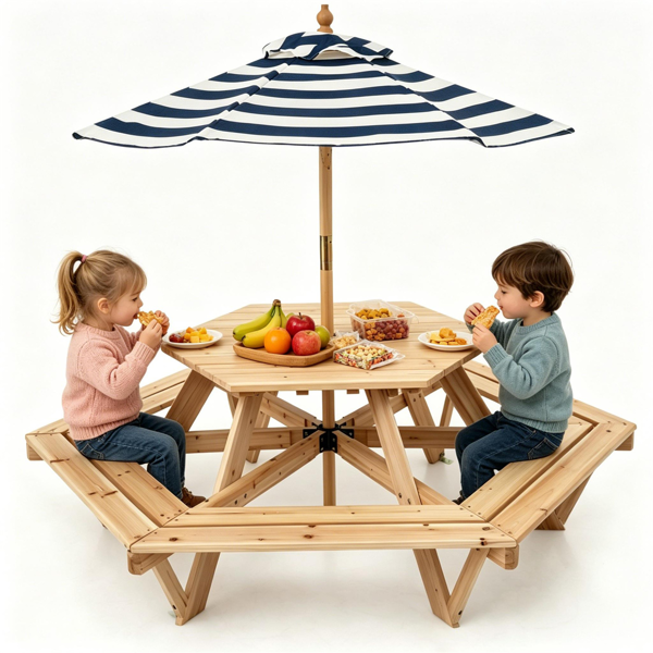 6-Seat Hexagonal Kids Picnic Table With Umbrella, Solid Fir Wood Outdoor Table & Bench Set For Backyard Garden, Age 3-8