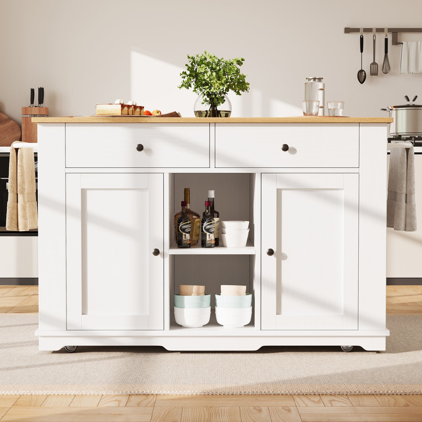 Kitchen Island, Kitchen Trolley Equipped With Power Strip, Kitchen Cabinet, Serving Trolley With Worktop, Buffet Cabinet, Dining Trolley With Wood Grain, Buffet Cabinet, White