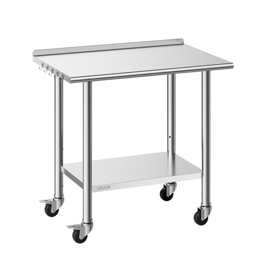 Stainless Steel Work Table, 24x36 Inch Food Prep Table With Wheels And Backsplash, Commercial Kitchen Workstation With Adjustable Undershelf, Metal Utility Worktable, For Restaurant Home Outdoor