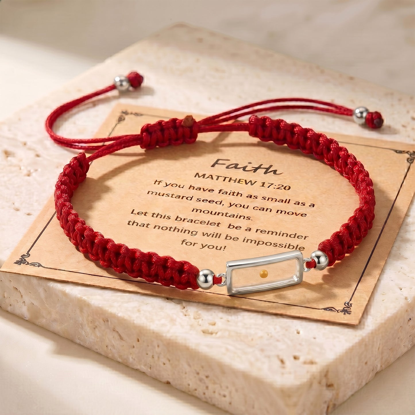 Real Mustard Seed Faith Bracelet, Adjustable Braided Nylon Cord Bracelet For Women Men, Stainless Steel Religious Christian Gift With Scripture Card