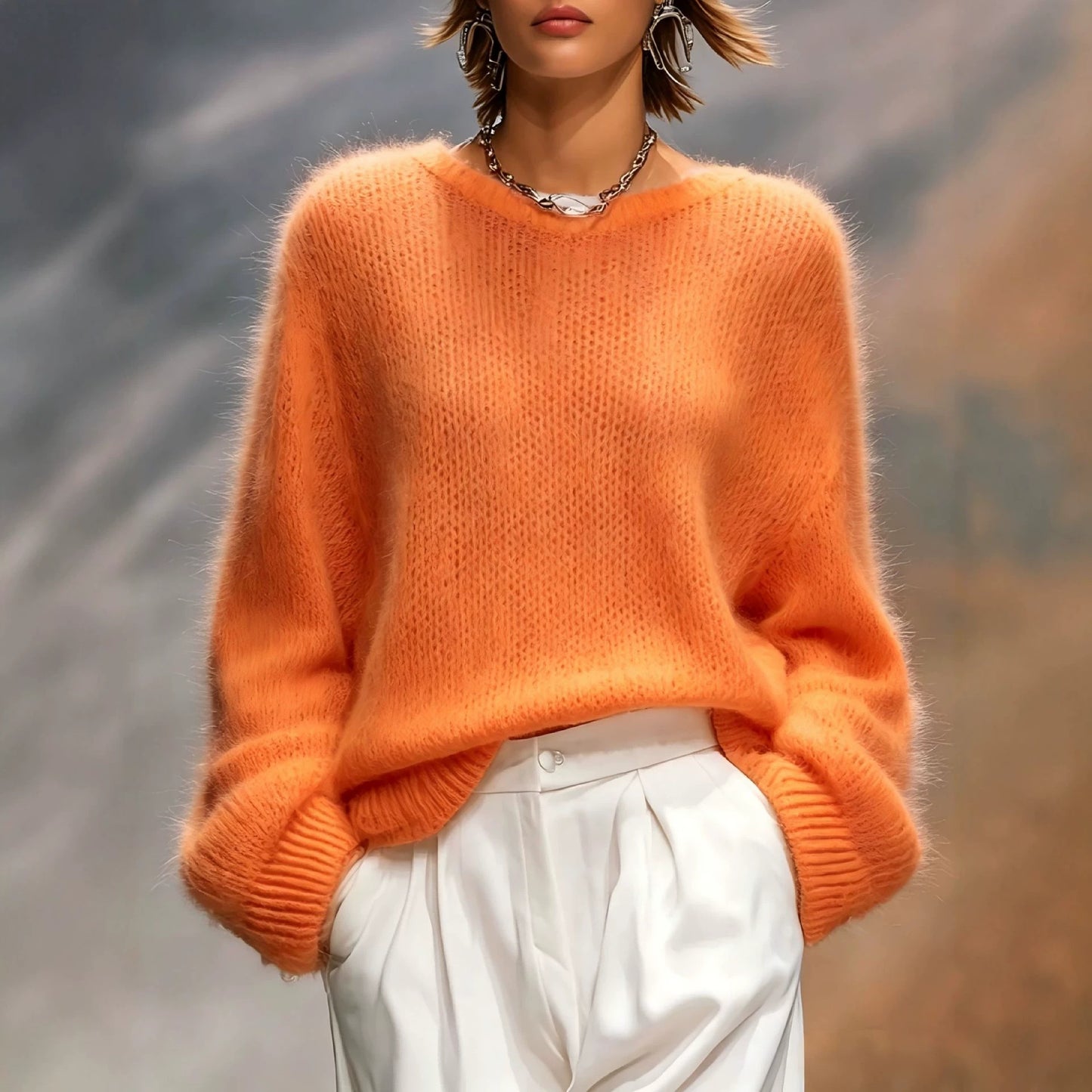 New Autumn Winter Relaxed-style Elegant Solid-color Crew-neck Loose-fit Womens Pullover
