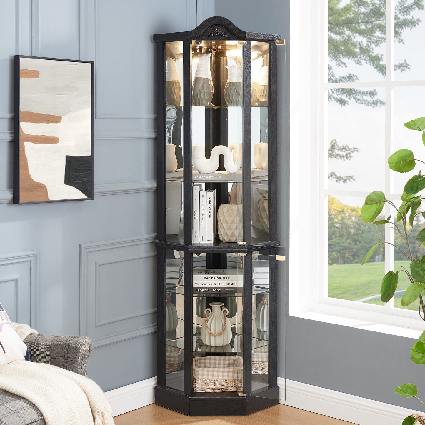 Lighted Glass Display Cabinet Corner Curio Cabinet With Adjustable Shelves Carved Cherry Decoration Wine Cabinet Perfect For Home Or Office Use-BLACK
