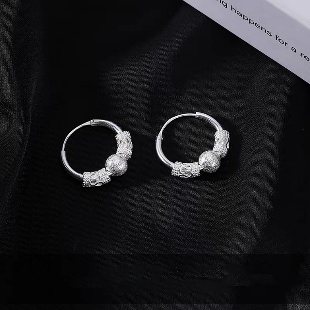 1 Pair 999 Sterling Silver Matte Bead Hoop Earrings, Retro Lucky Style, Perfect For Daily Wear And Valentine's Gift