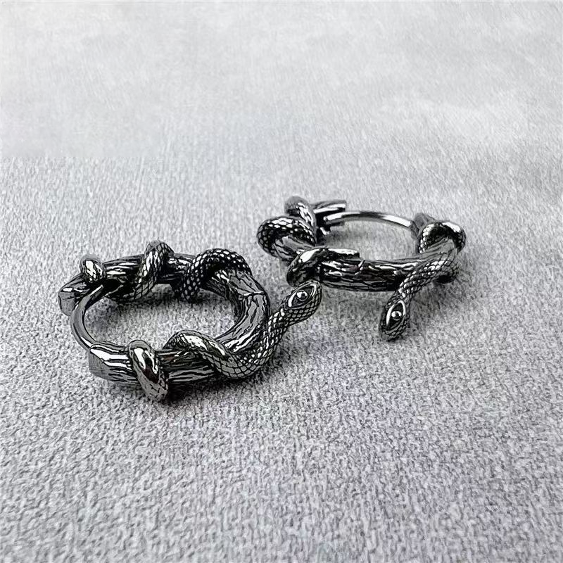 European American Retro Snake Titanium Steel Earrings, Stylish Men Hip Hop Punk Domineering Fashion Studs, Trendy Spirit Snake Ear Jewelry