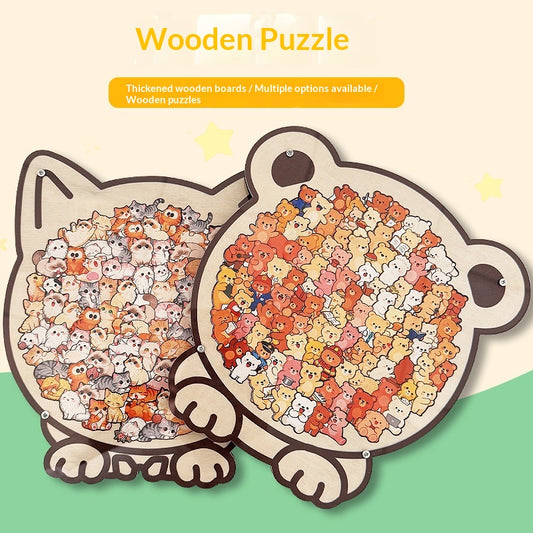 Wooden Puzzle Cute Cat Shape Challenging Irregular Pieces With Frame  3D Cat Design Wooden Jigsaw Puzzles Home Decoration Ornament Birthday Gift For Kids