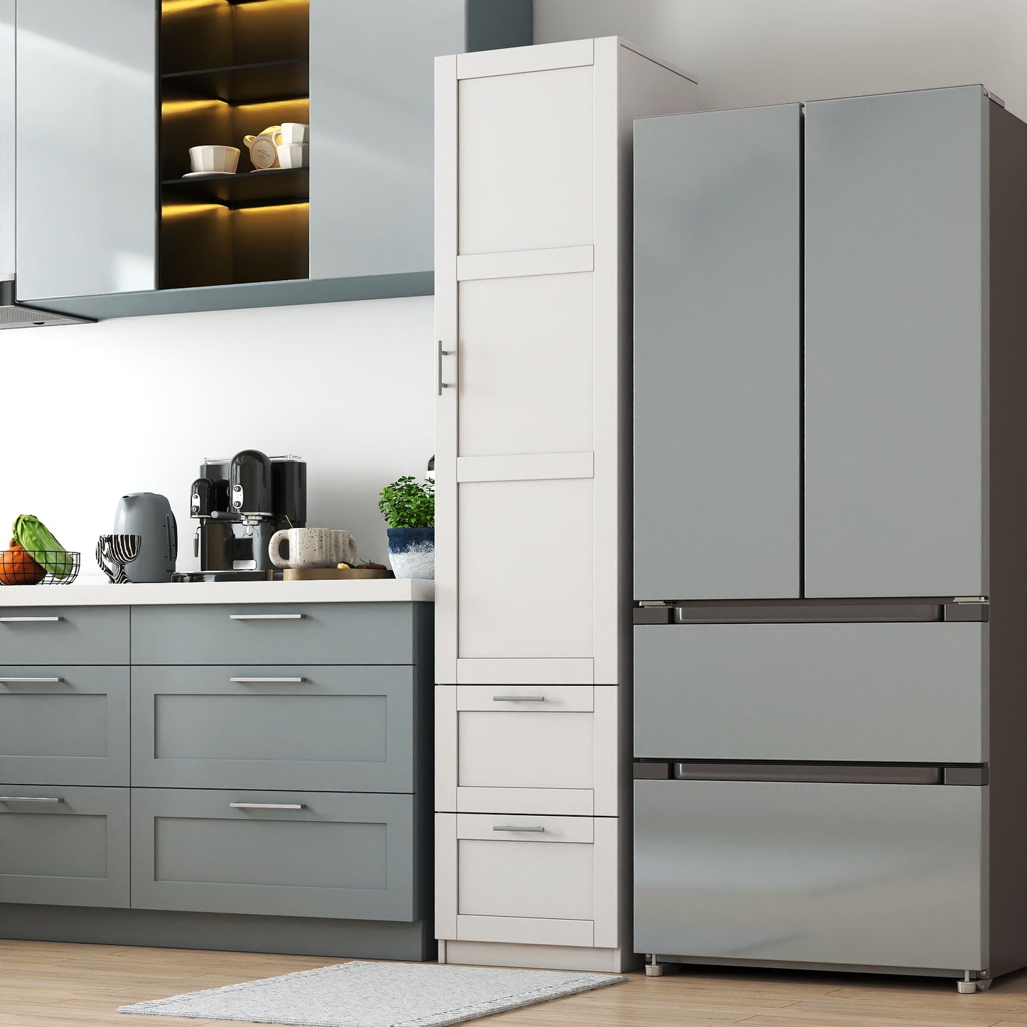 Standard Kitchen Pantry,Tall Cabinet,Freestanding Cabinet With  One Door  And Two Drawers For Kitchen, Dining Room, White