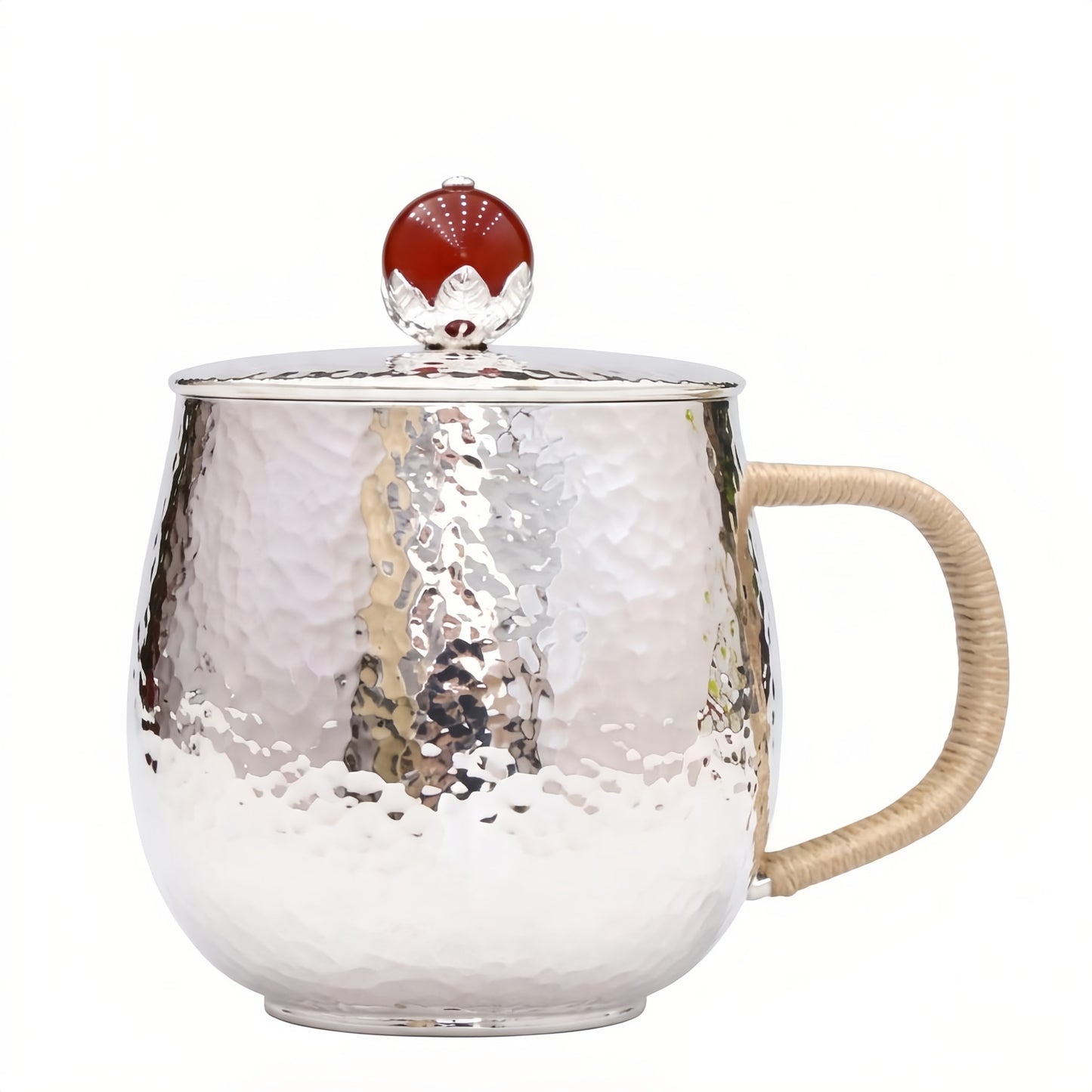 925 Sterling Silver Hammered Silver-Tone Artisan Tea Mug with Red Stone Lid and Rattan Handle - Handicraft