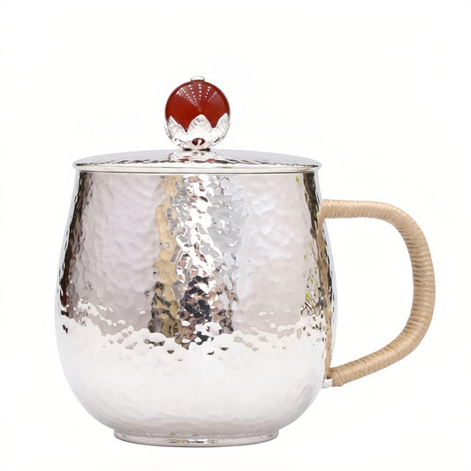 925 Sterling Silver Hammered Silver-Tone Artisan Tea Mug with Red Stone Lid and Rattan Handle - Handicraft
