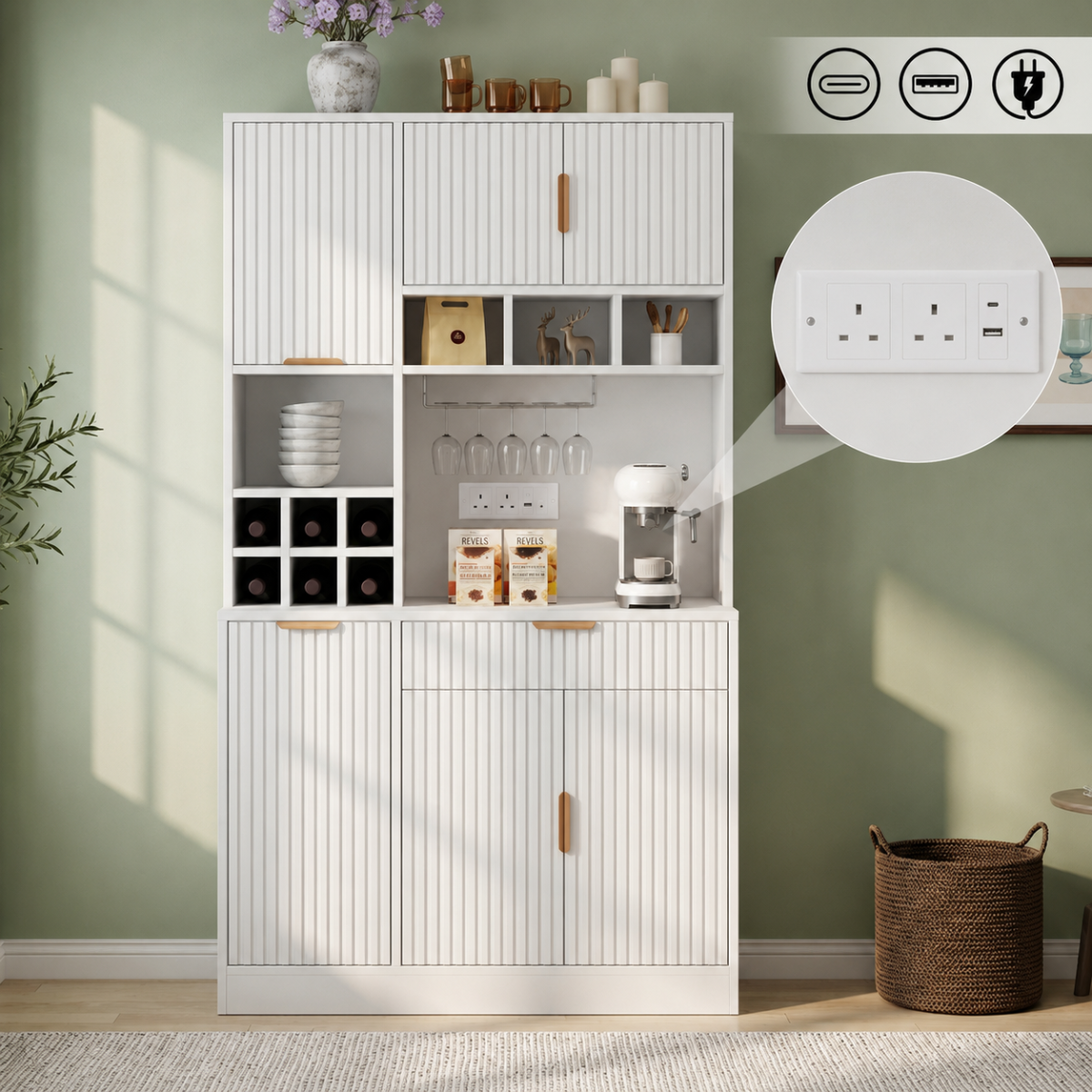 Sideboard, Dining Room Tall Cabinet 100x40x175 Cm, Multi-tiered Storage Space, Integrated Power Outlet And USB-C And USB-A Ports, Including Wine Glass Rack And Bottle Storage, White