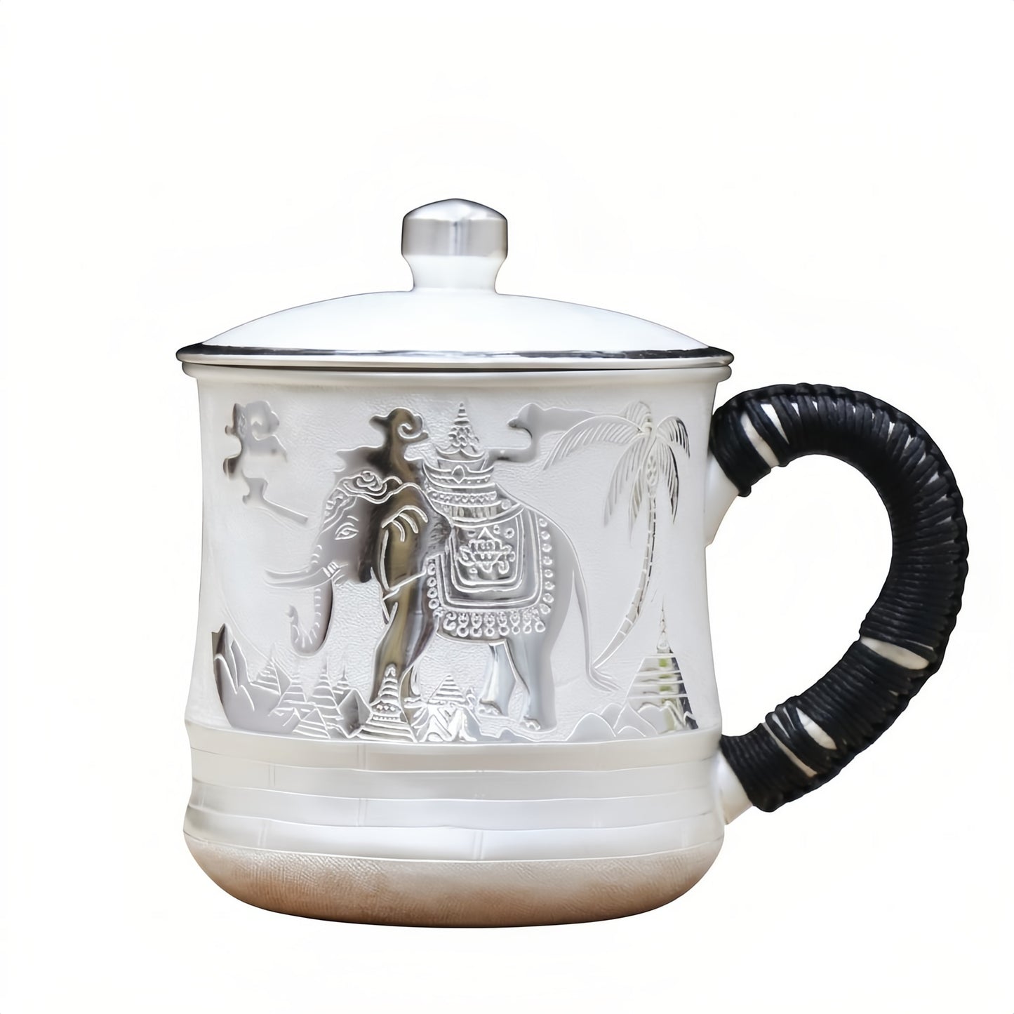 925 Sterling Silver Elegant White Ceramic Mug with Intricate Elephant Temple Engraving and Braided Black Handle-Premium Tea Mug - Handicraft