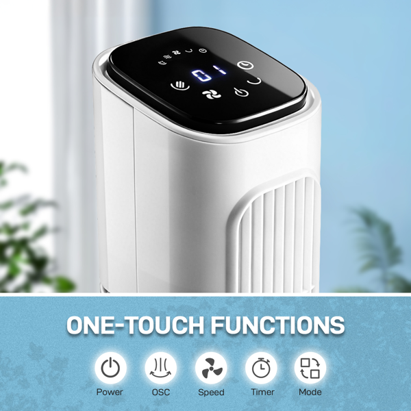 US Standard RTW-GR36 Tower Fan, 110V 45W, 36 Inch, Column Shape, White Plastic Body, Copper Motor, Touch & Remote Control, 3 Speeds, 3 Modes, Oscillating Function, 9-Hour Timer, For Home Use