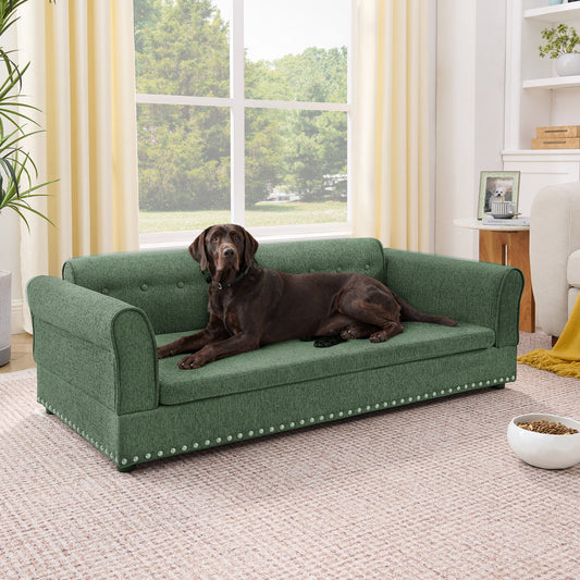 Oversized Pet Sofa ,Elegant Modern Linen Fabric Elevated Dog Sofa Bed, Comfortable Oversized Rectangular Pet Bed With Backrest & Armrest For Large & Oversized Dogs-Olive Green
