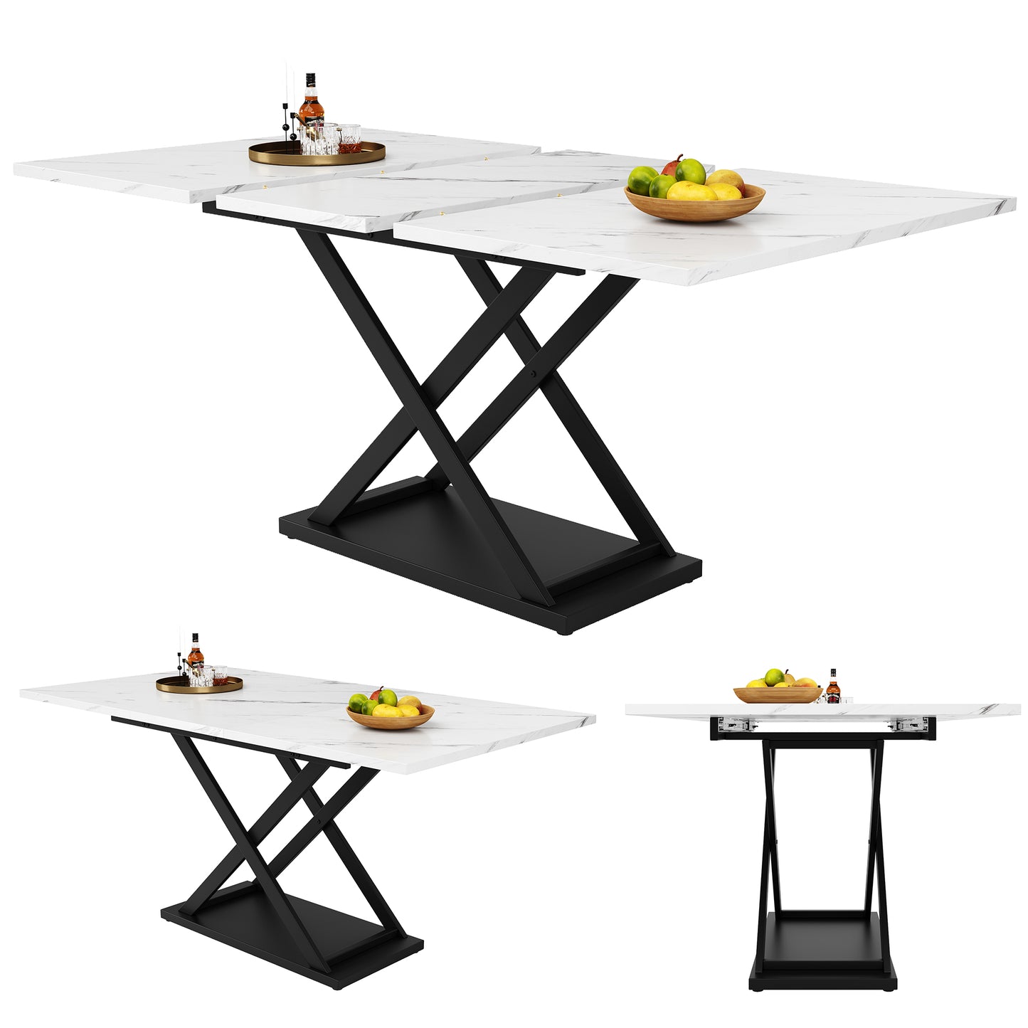 Telescopic Dining Table  120-160x80cm  ,Extendable Dining Table ,Space Saving Kitchen Table,Black Crossed Iron Legs,For Kitchen And Living Room,White Marbled Dining Table