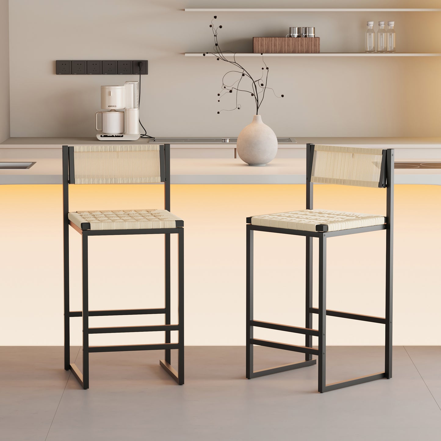 Set Of 2 Woven Bar Stools With Backrest Paper Rope Weave Dining Chairs For Kitchen Island  Style B Black & Creamy White