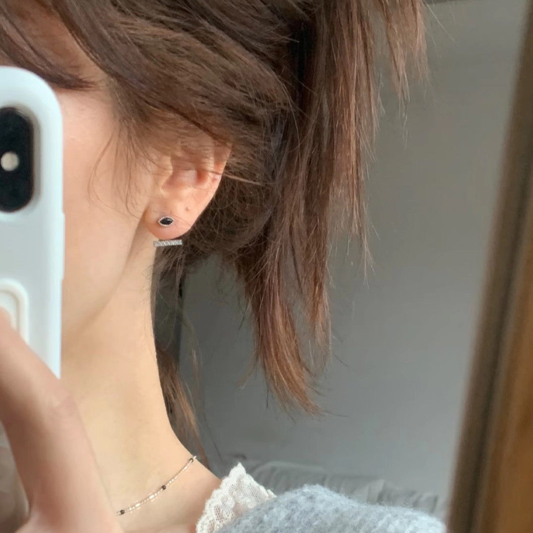 1 Pair 999 Sterling Silver Marquise Black Zircon Convertible Stud Earrings, Minimalist & Elegant, Perfect For Daily, Dating & Business, Ideal Valentine's Gift