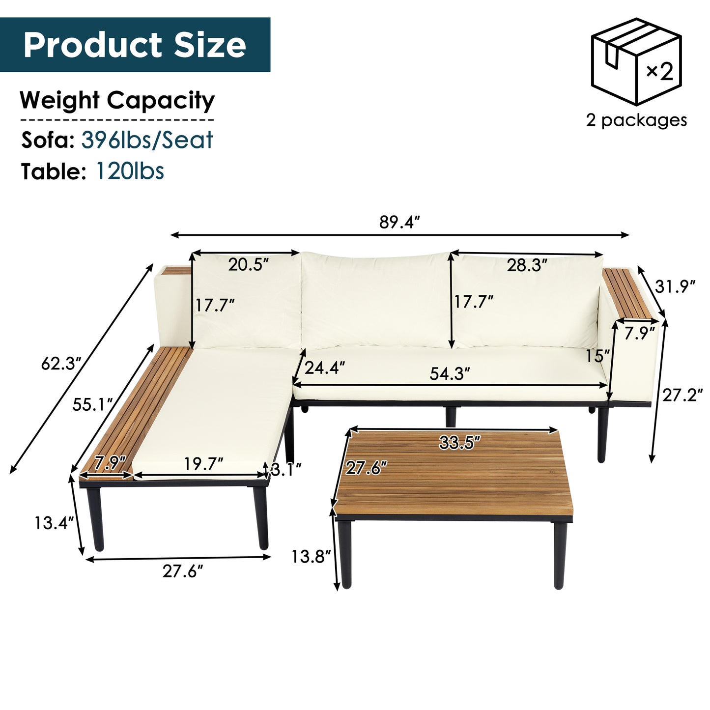 Luxury Patio Furniture Set With Removable Cushions And Coffee Table, L-Shaped  Acacia Wood Sofa With Side Table, Outdoor Conversation Sectional Sofa  For Backyard, Porch, Beige