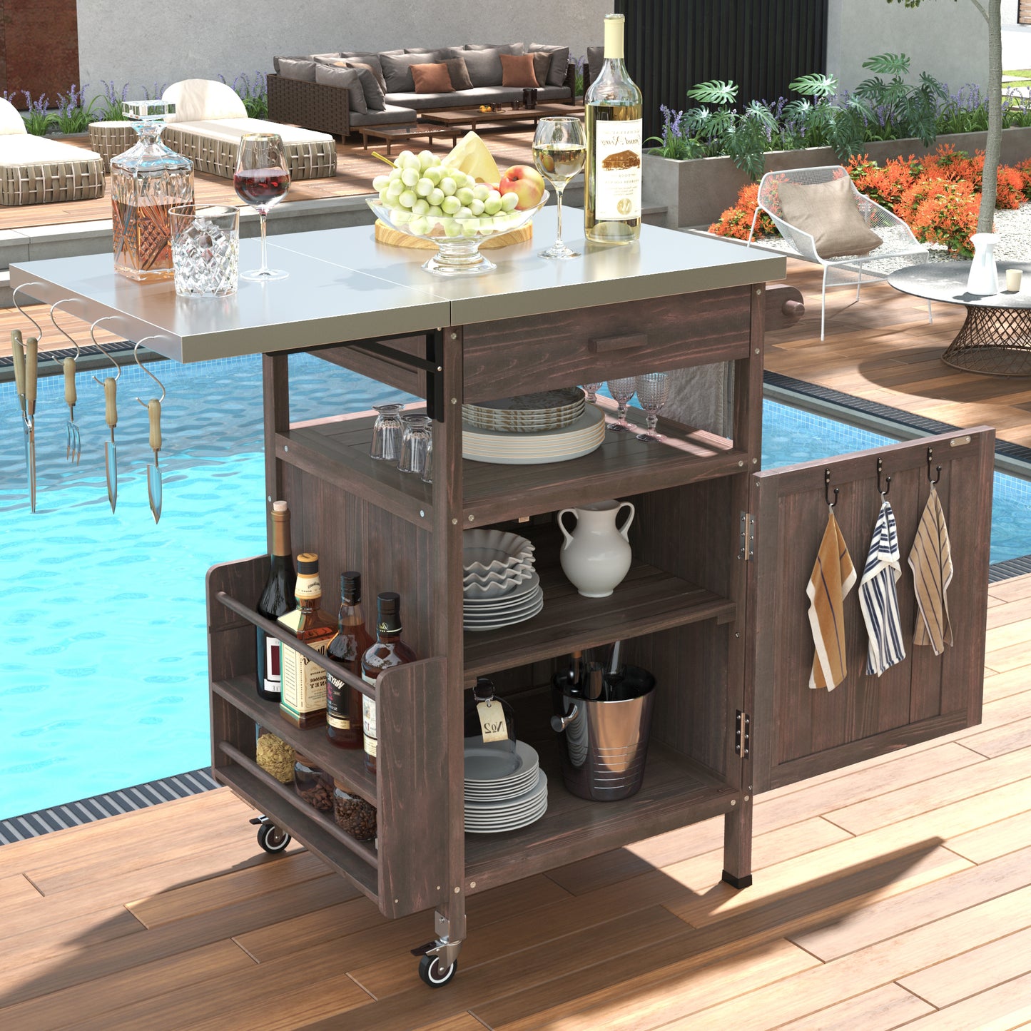 K&K 40.5  Outdoor Grill Cart With Stainless Steel Top, Solid Wood Outdoor Storage Cabinet With Drop Leaf, One Drawer, Towel Rack, Rolling Kitchen Cart With Lockable Wheels For Lawn Garden, Brown