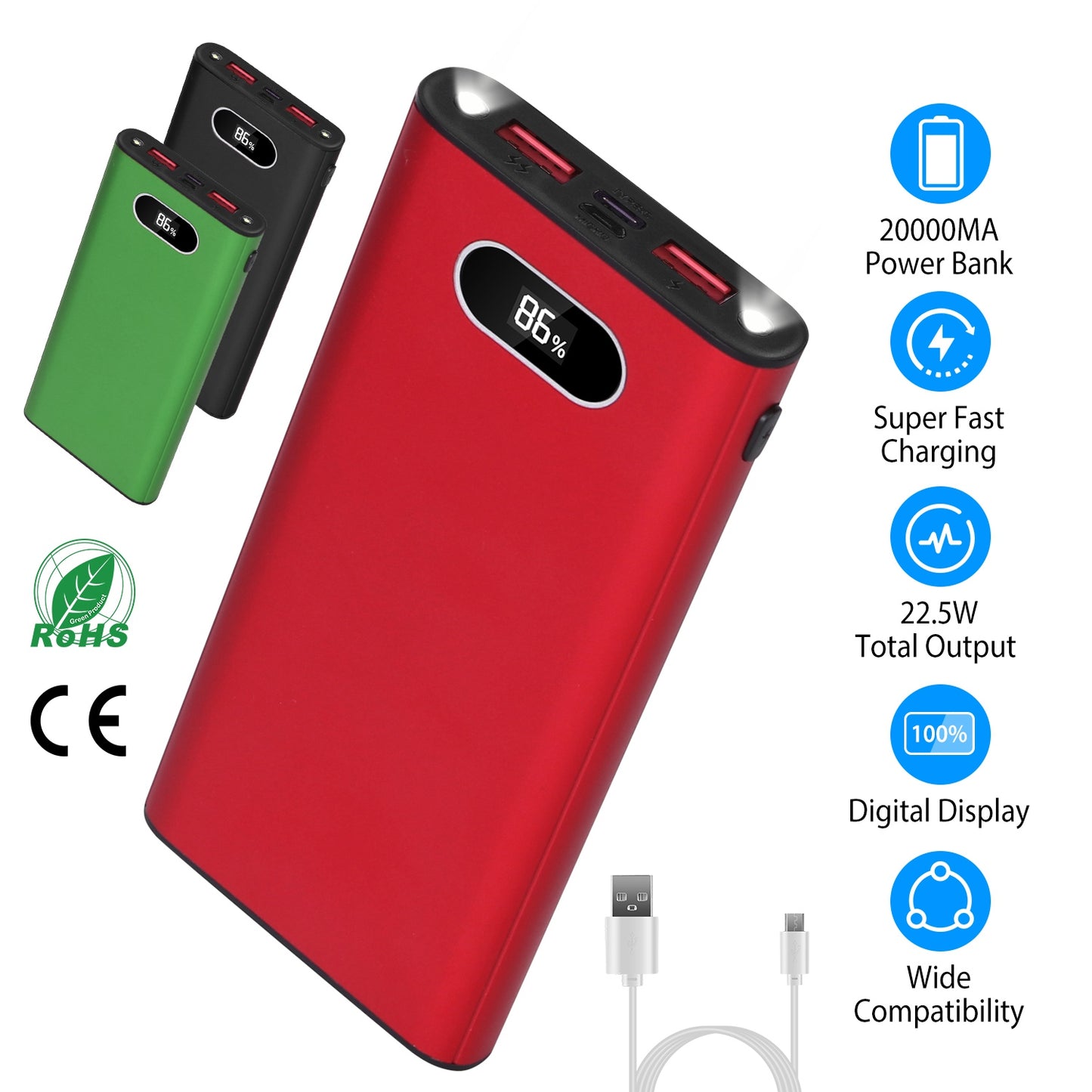 Green-Black-Red Color Options -- 1Pc 20000Mah Power Bank Portable Charger External Battery Pack 22.5W Super Fast Charging With LED Display Flashlight Fit For IOS Phone
