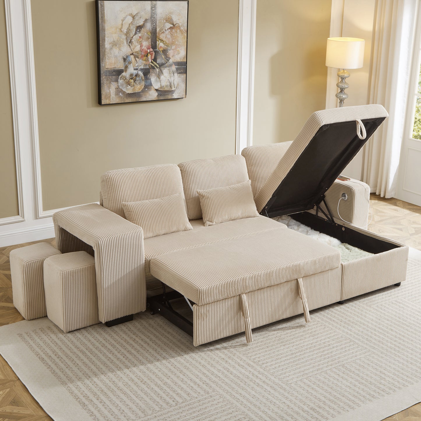 Modern L-Shaped Convertible Sofa Bed, 3-in-1 Convertible Sofa Bed With Internal Storage Chaise, Nesting Footstools, Integrated Charging Station & Adjustable Armrest Side Storage, Corduroy Fabric,Beige