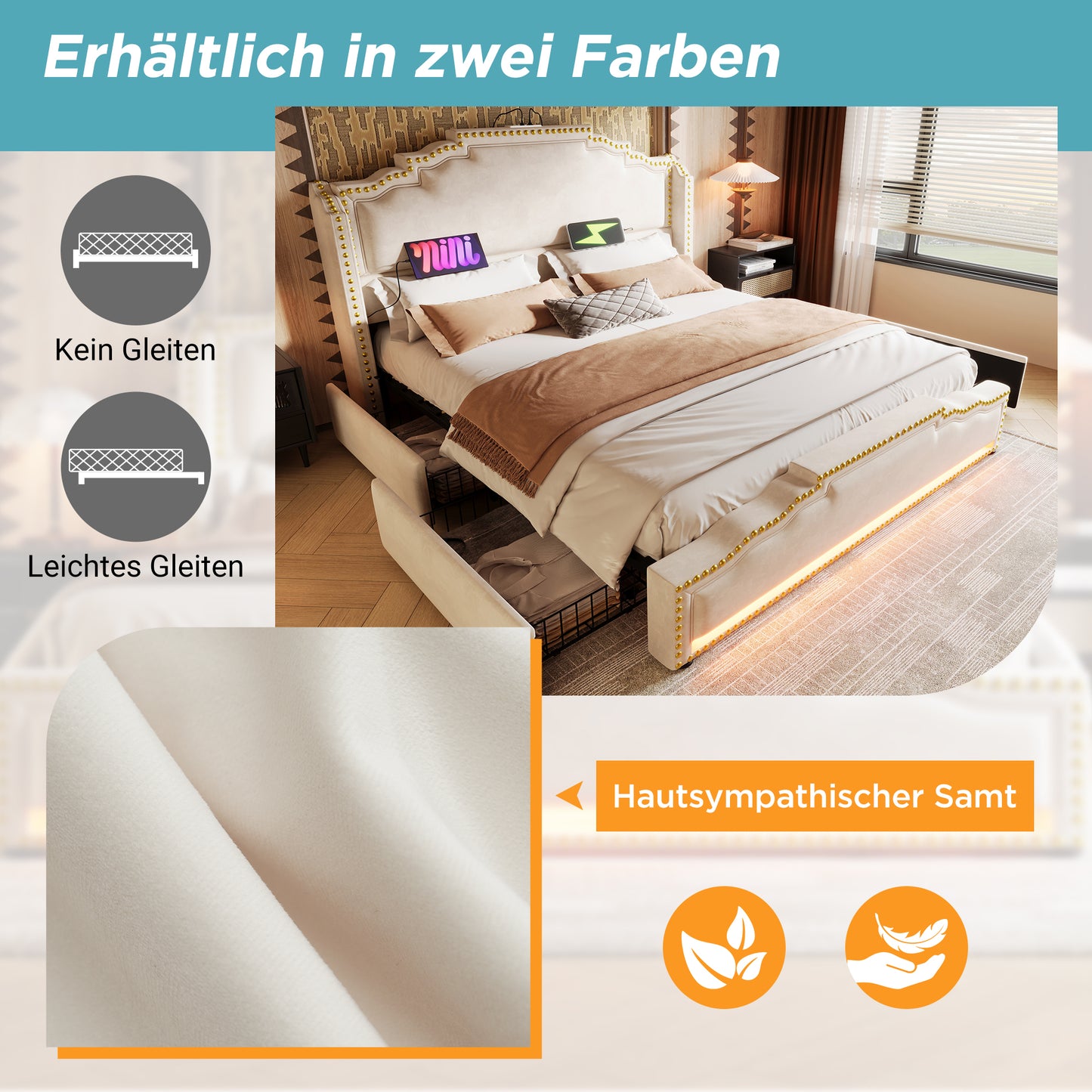 Upholstered Bed 140x200, Double Bed With 4 Drawers, LED Lighting And USB-C Charging Port, Storage Bed And Youth Bed With Slatted Base, Velvet, Beige, Without Mattress