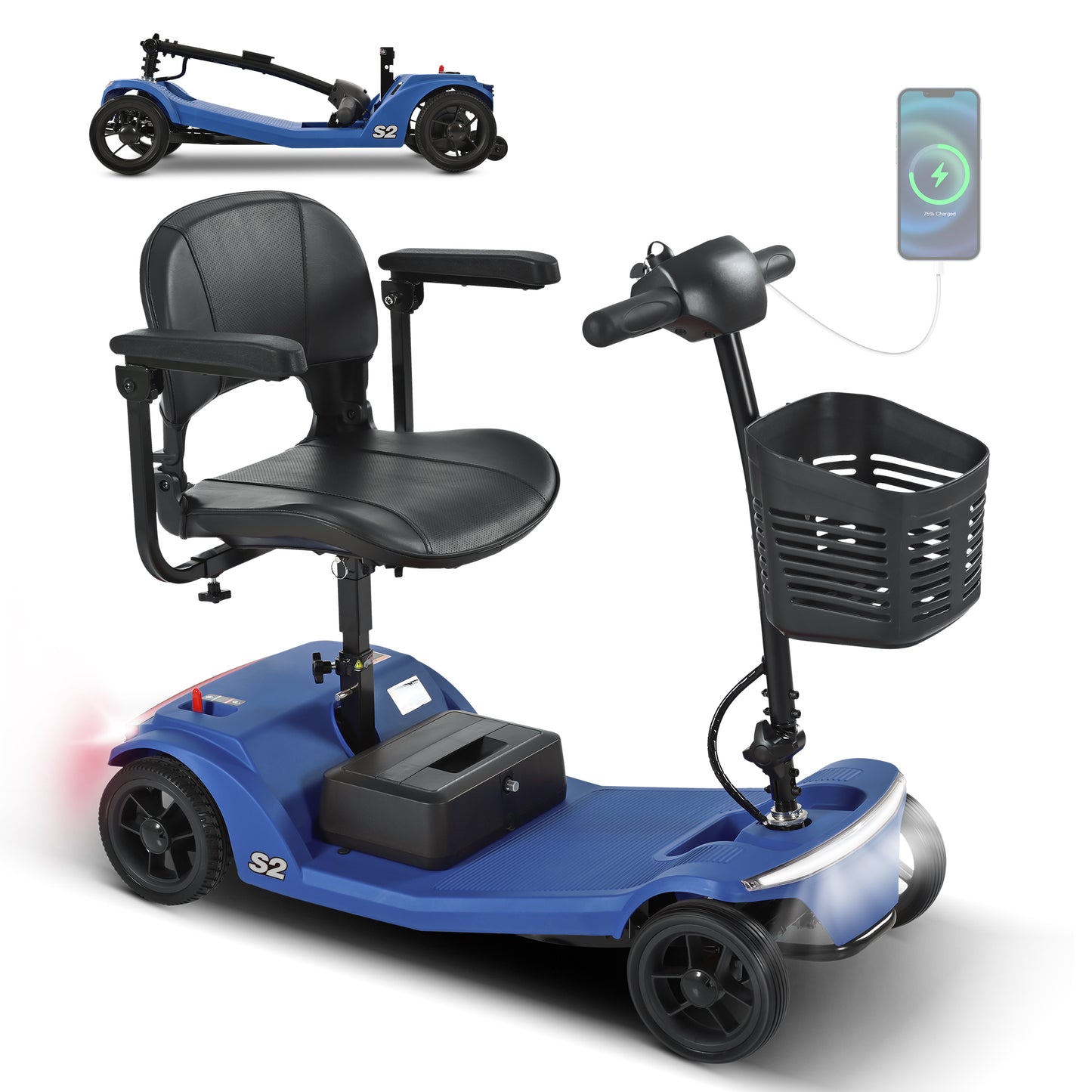 Four-wheeled Mobility Scooter For Seniors, Load Capacity 136 Kg, Speed 6 Km H, Removable Battery, USB Charging Port, No Driver's License Required  S2 BLUE