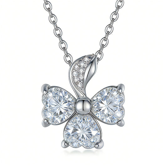 S925 Sterling Silver 3-Leaf Clover Moissanite Necklace 3pcs 6x6mm Heart Cut Stones GRA Certified 45cm Platinum Gold Plated Gift Box