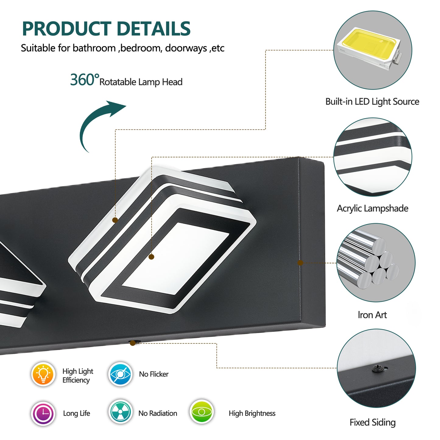 Matte Black Vanity Light Fixtures 3 Lights Up And Down LED Modern Bathroom Vanity Lights Over Mirror Acrylic Black Bath Wall Lighting No Bulbs